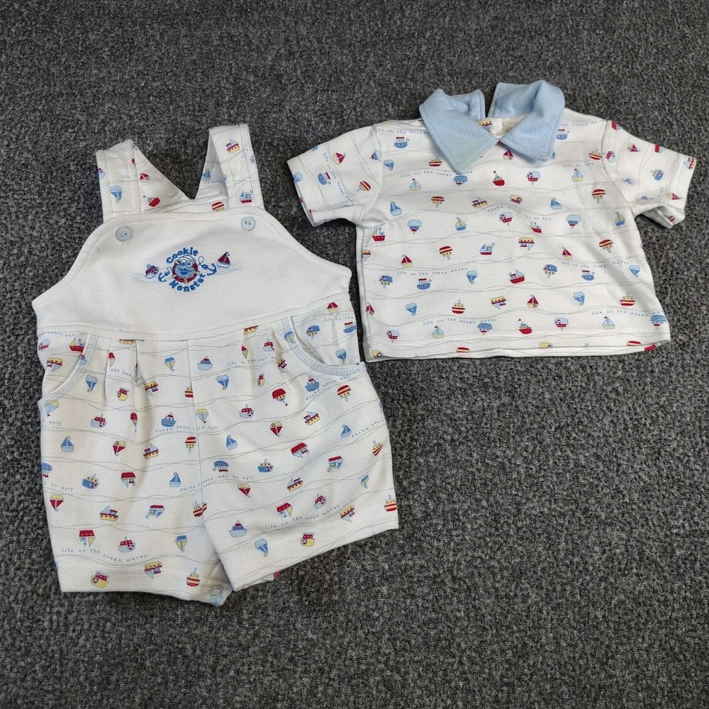 Vintage cookie monster overall set 3/6 months nautical sesame street